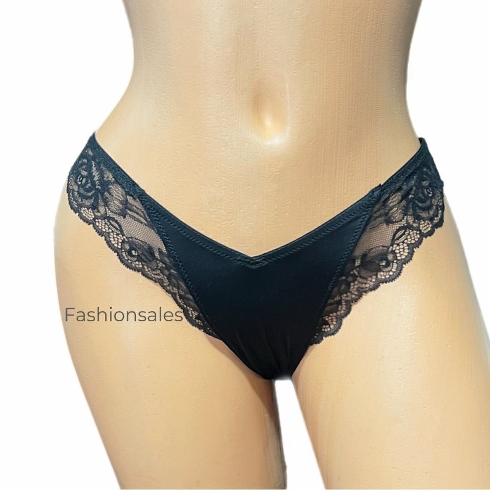 Victorias Secret Supersoft Satiny Lace trim High Leg Thong panty Black Xsmall